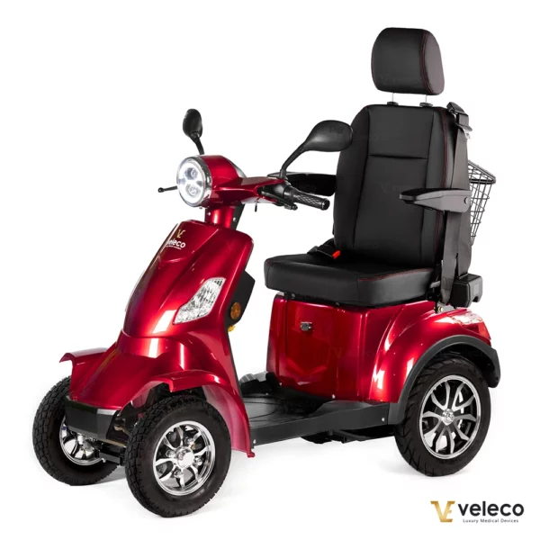 Veleco FASTER red mobility scooter with high-back captain seat side